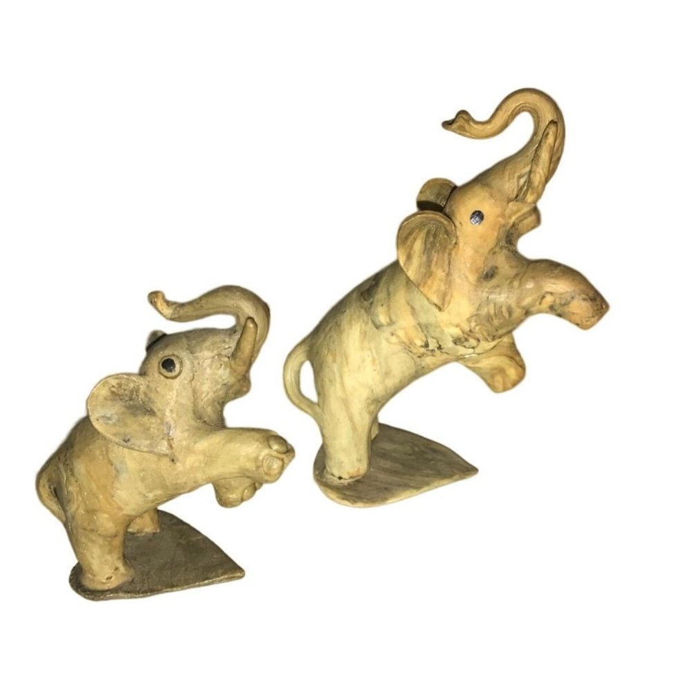 Vintage Philippines Crushed Oyster Shell Elephant Figurines- Baby & Mother